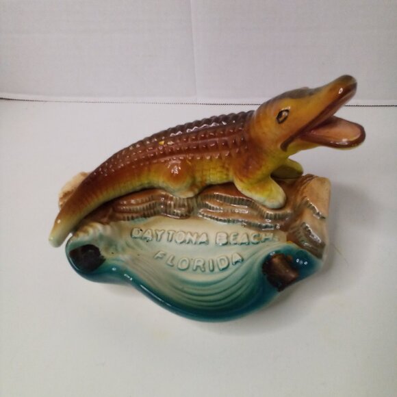 Vintage Daytona Beach Florida Ashtray Trinket Dish Alligator Crocodile - Picture 2 of 14